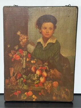 Vintage “Boy With Still Life” by Severin Roesen Print on Wooden Board with Chain